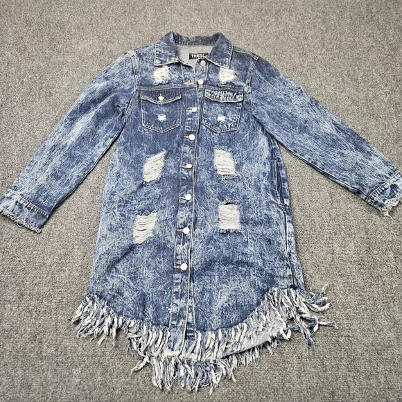 Thrill Jeans Denim Jacket Dress Medium Distressed Destroyed Button Front Frayed - Picture 1 of 10